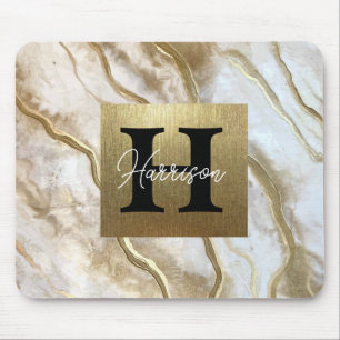 White and Gold Marble Monogram Name Persoonlijk Muismat