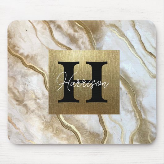 White and Gold Marble Monogram Name Persoonlijk Muismat (Voorkant)