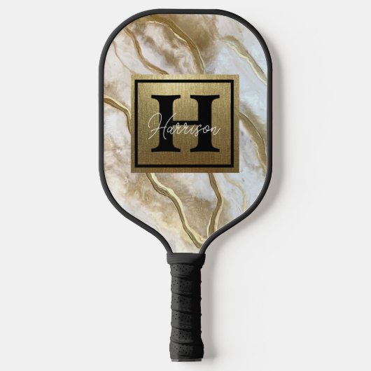 White and Gold Marble Monogram Name Persoonlijk Pickleball Paddle (Voorkant)