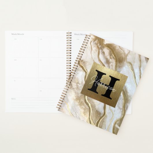 White and Gold Marble Monogram Name Persoonlijk Planner (Display)