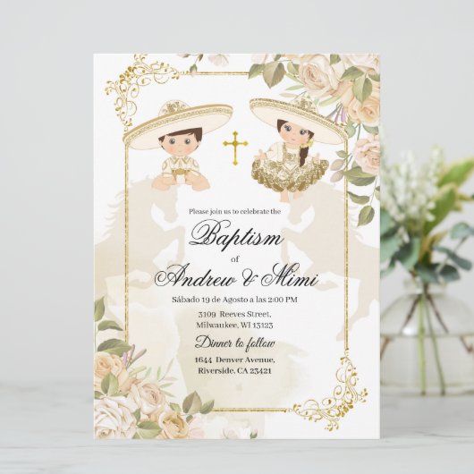 White and Gold Mexican Twin Boy and Girl Baptism Kaart (Staand voorkant)