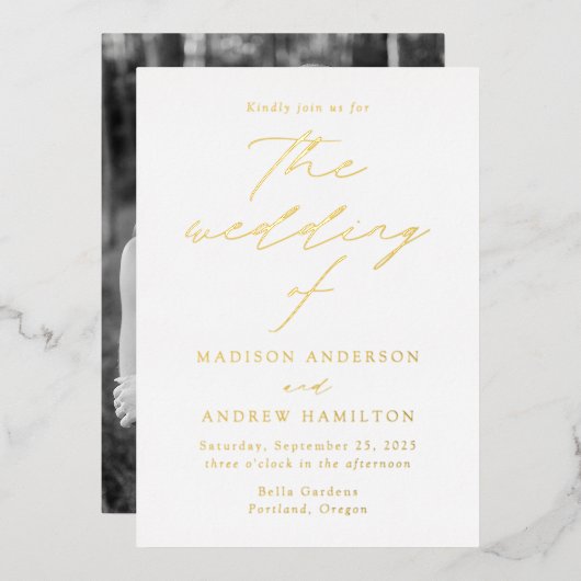 White and Gold Modern Elegance Photo Wedding Folie Uitnodiging (Voorkant / Achterkant)