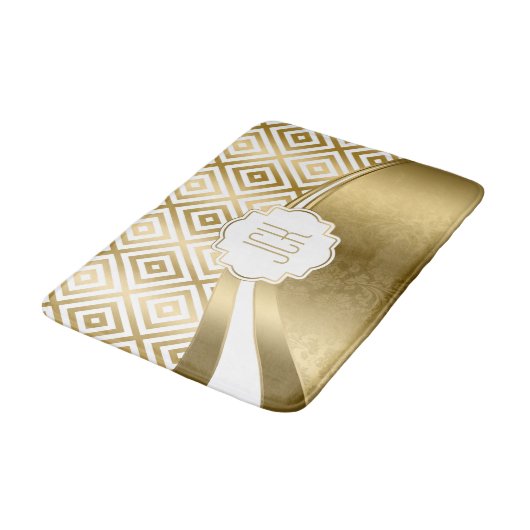 White and Gold Modern Geometric Pattern Badmat (Gekanteld)