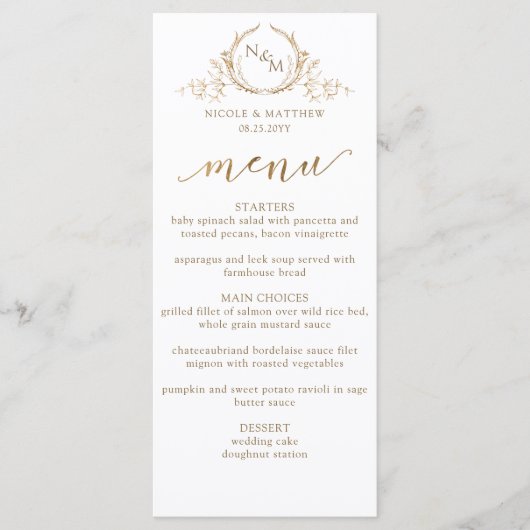 White and Gold Monogram Wedding Double-sided Menu (Voorkant)