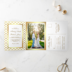 White and Gold Moroccan Quatrefoil Wedding Photo Drieluik Uitnodiging