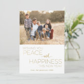 White and Gold New Year, vrede en geluk Foto Feestdagenkaart (Staand voorkant)