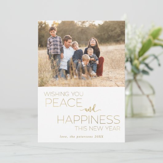 White and Gold New Year, vrede en geluk Foto Feestdagenkaart (Staand voorkant)