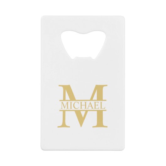 White and Gold Personalized Monogram and Name Creditkaart Flessenopener (Voorkant)