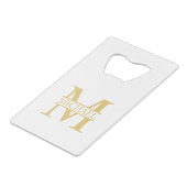 White and Gold Personalized Monogram and Name Creditkaart Flessenopener (Voorkant Gekanteld)