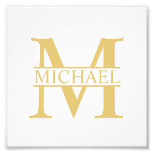 White and Gold Personalized Monogram and Name Foto Afdruk