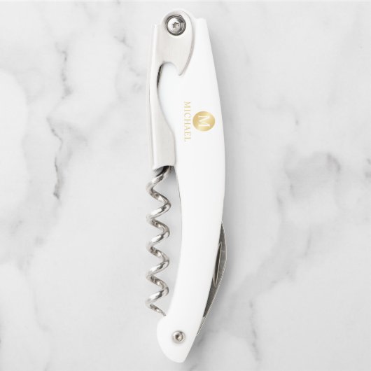 White and Gold Personalized Monogram and Name Kurkentrekker (Voorkant)