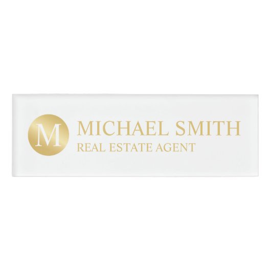 White and Gold Personalized Monogram and Name Naambadge (Voorkant)