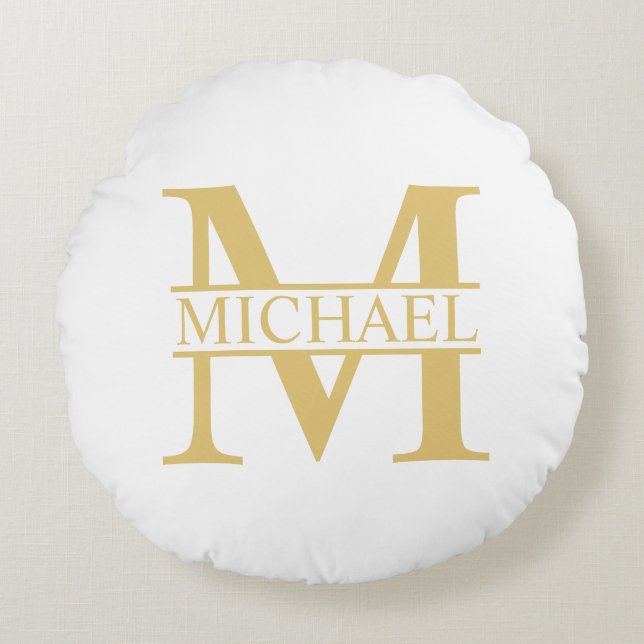 White and Gold Personalized Monogram and Name Rond Kussen (Voorkant)
