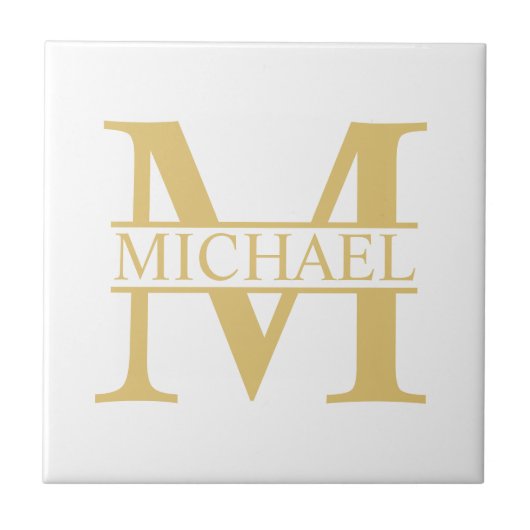 White and Gold Personalized Monogram and Name Tegeltje (Voorkant)