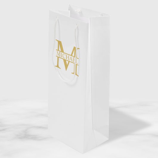 White and Gold Personalized Monogram and Name Wijn Cadeautas