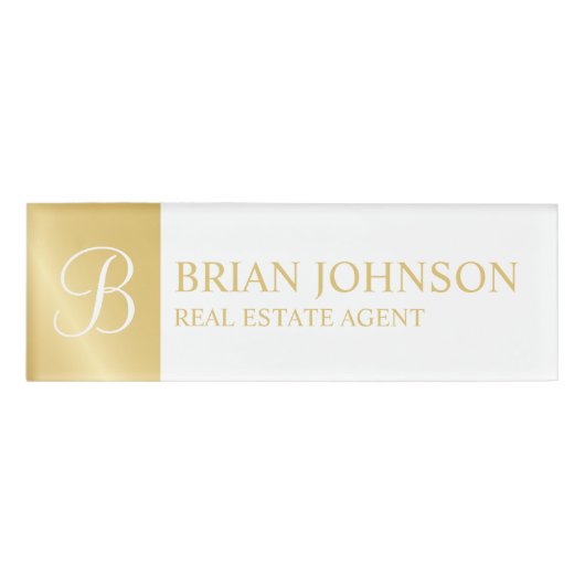 White and Gold Personalized Monogram en Naambadge (Voorkant)