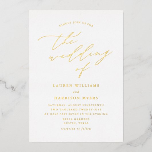 White and Gold Script Photo Wedding Folie Uitnodiging (Voorkant)