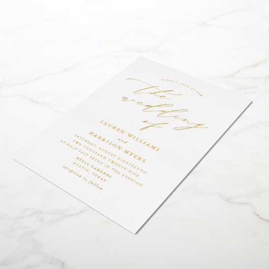 White and Gold Script Photo Wedding Folie Uitnodiging (Gedraaid)