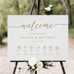 White and Gold Wedding Welcome Sign met tijdlijn Poster
