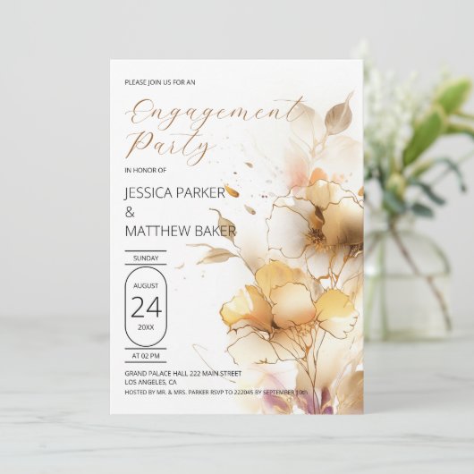 White and Golden Flowers Verloving Invitation Kaart (Staand voorkant)