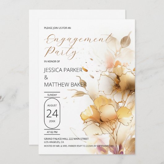 White and Golden Flowers Verloving Invitation Kaart (Voorkant / Achterkant)