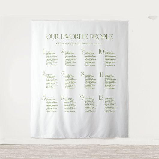 White and Green Fabric Wedding Seating Chart Wandkleed (Voorkant)