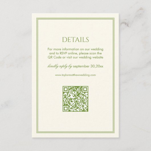 White and Green Wedding Details Qr Code Informatiekaartje (Voorkant)