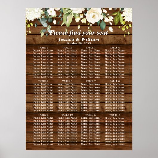 White and Greenery 12 Tables Wedding SEATING CHART Poster (Voorkant)