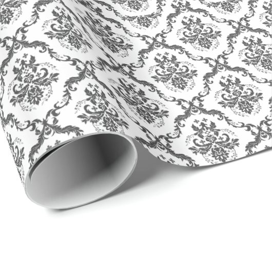 White and Grey Floral Damascus Patroon Cadeaupapier (Rol Hoek)