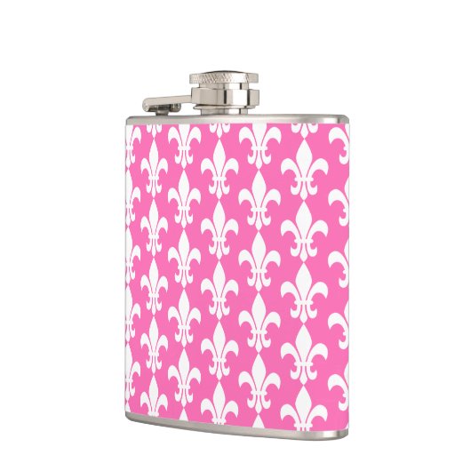 White and Hot Pink Fleur de Lis Pattern Heupfles (Links)