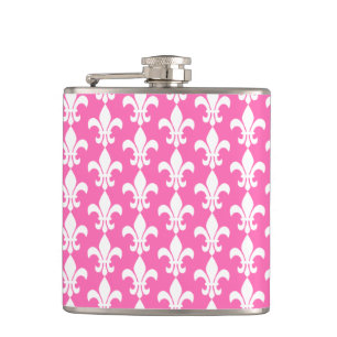 White and Hot Pink Fleur de Lis Pattern Heupfles