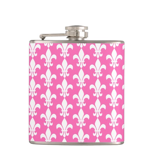 White and Hot Pink Fleur de Lis Pattern Heupfles (Voorkant)