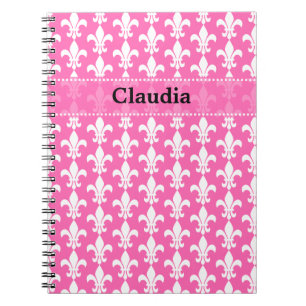 White and Hot Pink Fleur de Lis Pattern Notitieboek
