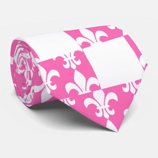 White and Hot Pink Fleur de Lis Pattern Stropdas (Opgerold)