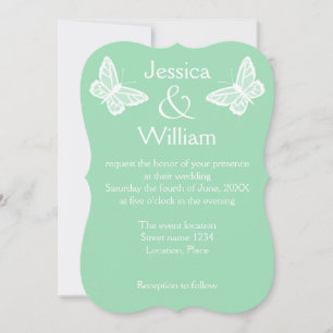 White and Mint Green Butterflies Wedding Kaart