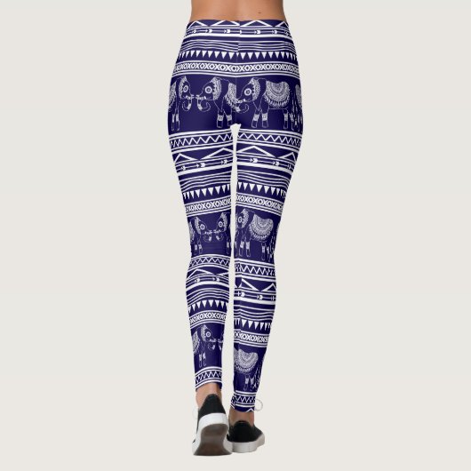 White and Navy Blue Elephant Tribal Pattern Leggings (Achterkant)