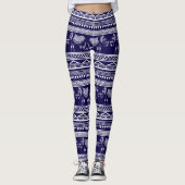 White and Navy Blue Elephant Tribal Pattern Leggings (Voorkant)