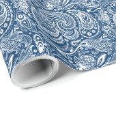 White and Navy Blue Floral Paisley Pattern Cadeaupapier (Rol Hoek)