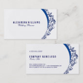 White and Navy Blue Floral Swirl Lace Visitekaartje (Voorkant / Achterkant)