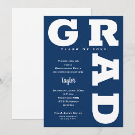 White and Navy Blue Graduation Party Kaart