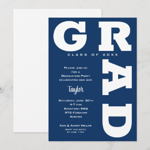 White and Navy Blue Graduation Party Kaart