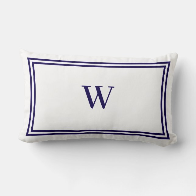  White and Navy Blue Stripe Border Monogram Kussen (Achterkant)