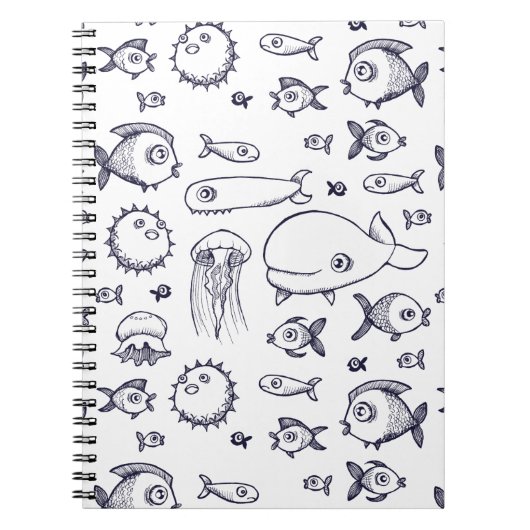 White and Navy Fish Drawing Notebook Notitieboek (Voorkant)