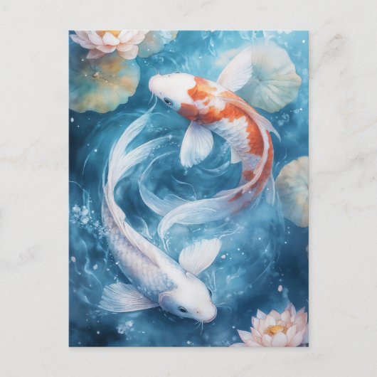 White and Orange Koi Fish Swirling in Lotus Pond Briefkaart (Voorkant)
