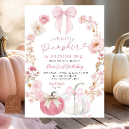 White and Pink Bow Coquette Pumpkin 1st Birthday  Kaart