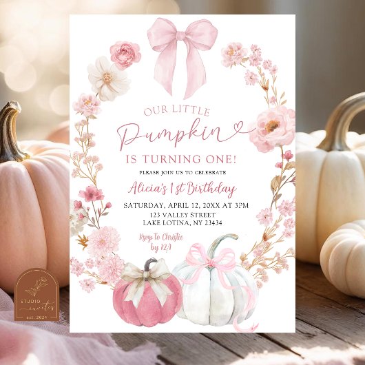 White and Pink Bow Coquette Pumpkin 1st Birthday  Kaart