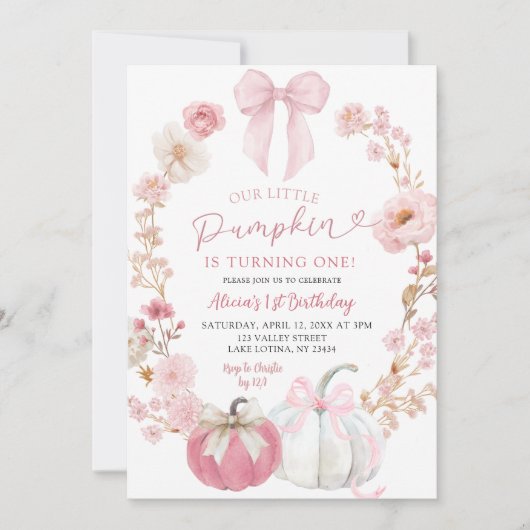 White and Pink Bow Coquette Pumpkin 1st Birthday  Kaart (Voorkant)