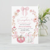 White and Pink Bow Coquette Pumpkin 1st Birthday  Kaart (Staand voorkant)