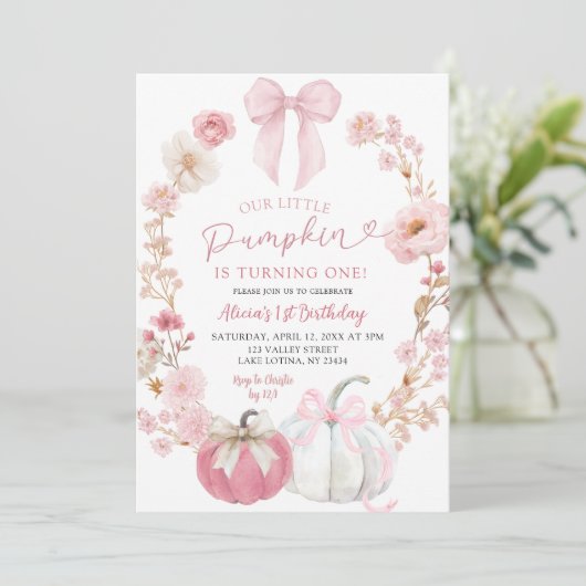 White and Pink Bow Coquette Pumpkin 1st Birthday  Kaart (Staand voorkant)