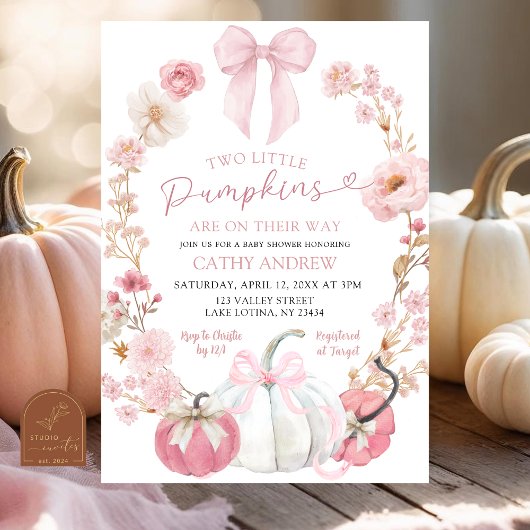  White and Pink Bow Coquette Twins Pumpkin Floral  Kaart